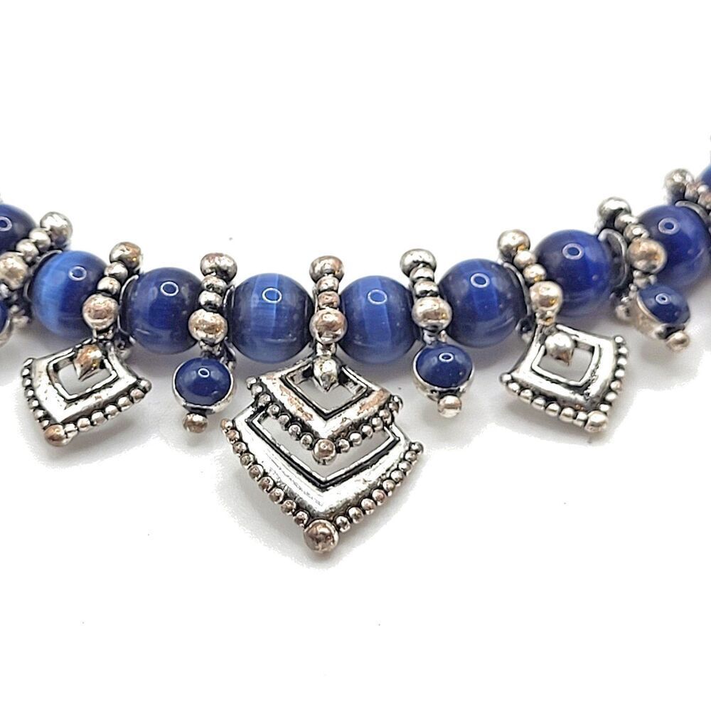Vintage Avon Bohemian Statement Blue Tiger's Eye Beaded Blue Silver Necklace 19"